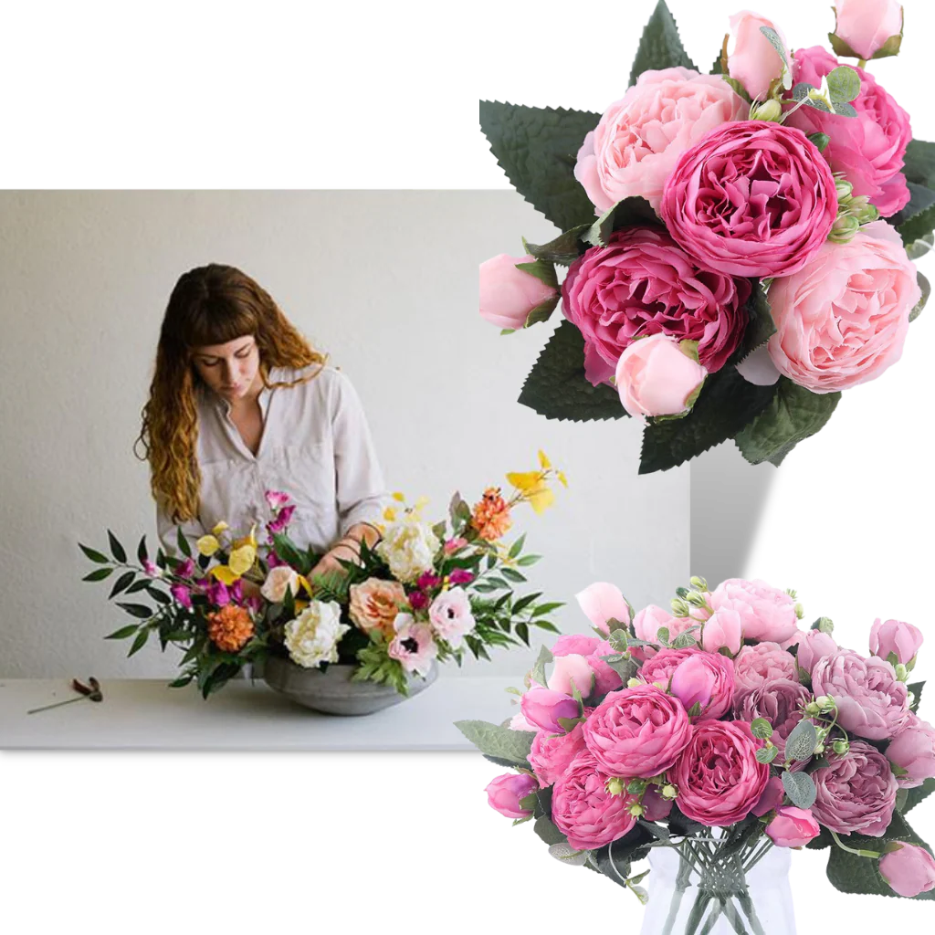 Konstgjorda pioner och rosor i silke Blombukett - Bild 7