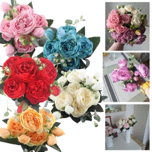 Konstgjorda pioner och rosor i silke Blombukett