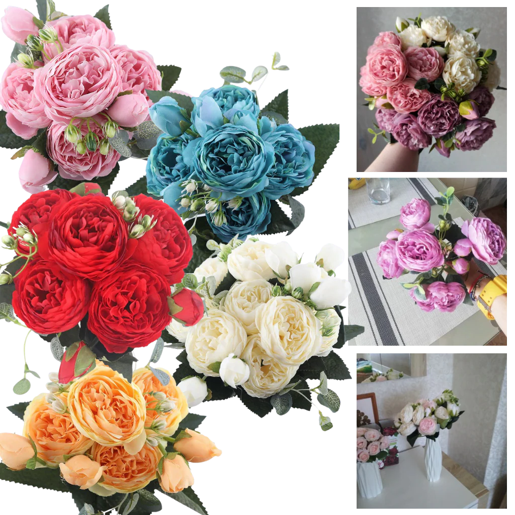Konstgjorda pioner och rosor i silke Blombukett - Bild 2