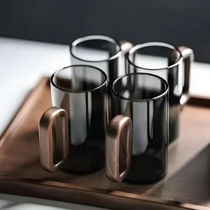 Set med 6 delar Borosilikatglas Muggar med Trähandtag (350ml) – Värmebeständiga