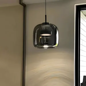 Modern Taklampa i Glas – Elegant Pendellampa – Rökgrå & Amber – LED