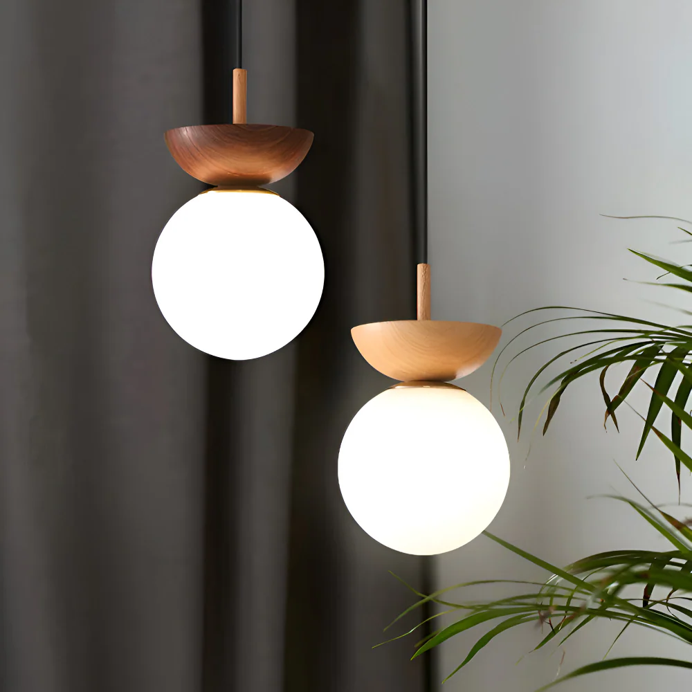 Kiyora – Japansk LED-Taklampa med Pärlformad Glaskupa och Träram - Bild 7