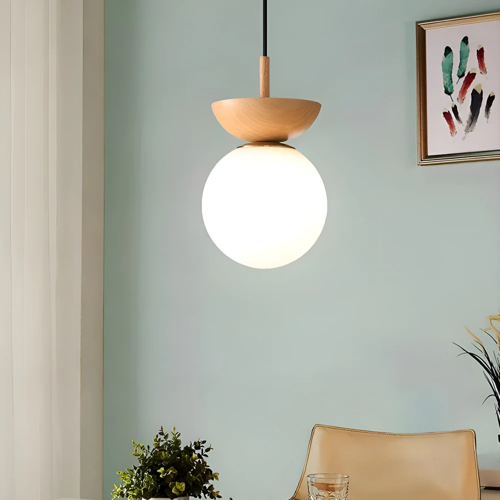 Kiyora – Japansk LED-Taklampa med Pärlformad Glaskupa och Träram - Bild 8