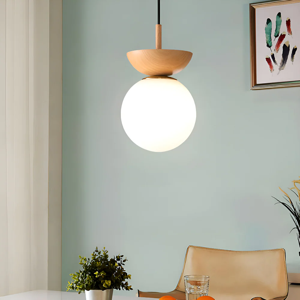 Kiyora – Japansk LED-Taklampa med Pärlformad Glaskupa och Träram - Bild 9